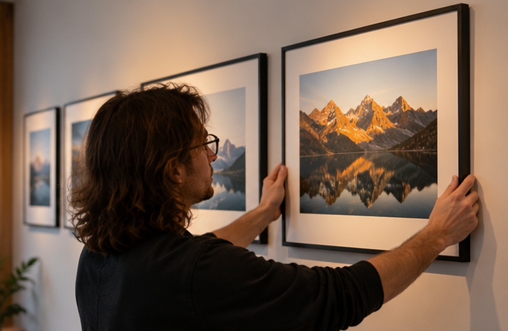 Prints hung in a white gallery room